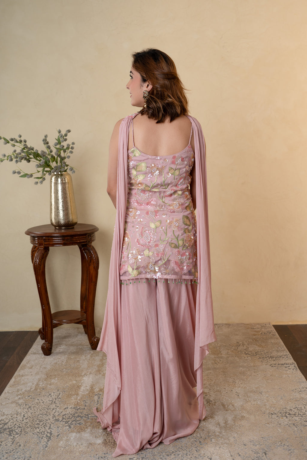 Pink Net Cutdana & Pearl Work Palazzo Dress with Choker Dupatta