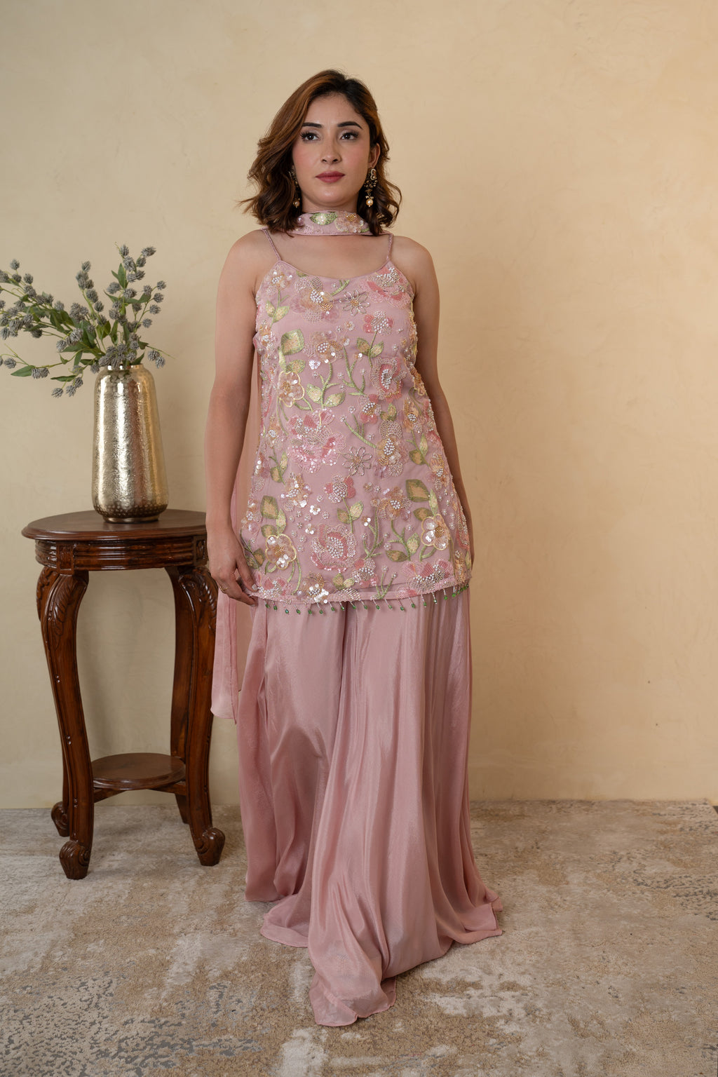 Pink Net Cutdana & Pearl Work Palazzo Dress with Choker Dupatta