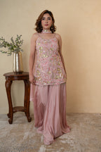 Pink Net Cutdana & Pearl Work Palazzo Dress with Choker Dupatta