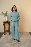 Aqua Blue Rayon Cotton Bead Work Co-ord Set