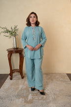 Aqua Blue Rayon Cotton Bead Work Co-ord Set