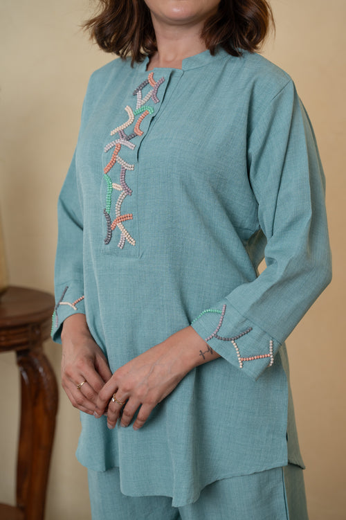Aqua Blue Rayon Cotton Bead Work Co-ord Set