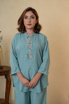 Aqua Blue Rayon Cotton Bead Work Co-ord Set