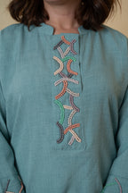 Aqua Blue Rayon Cotton Bead Work Co-ord Set