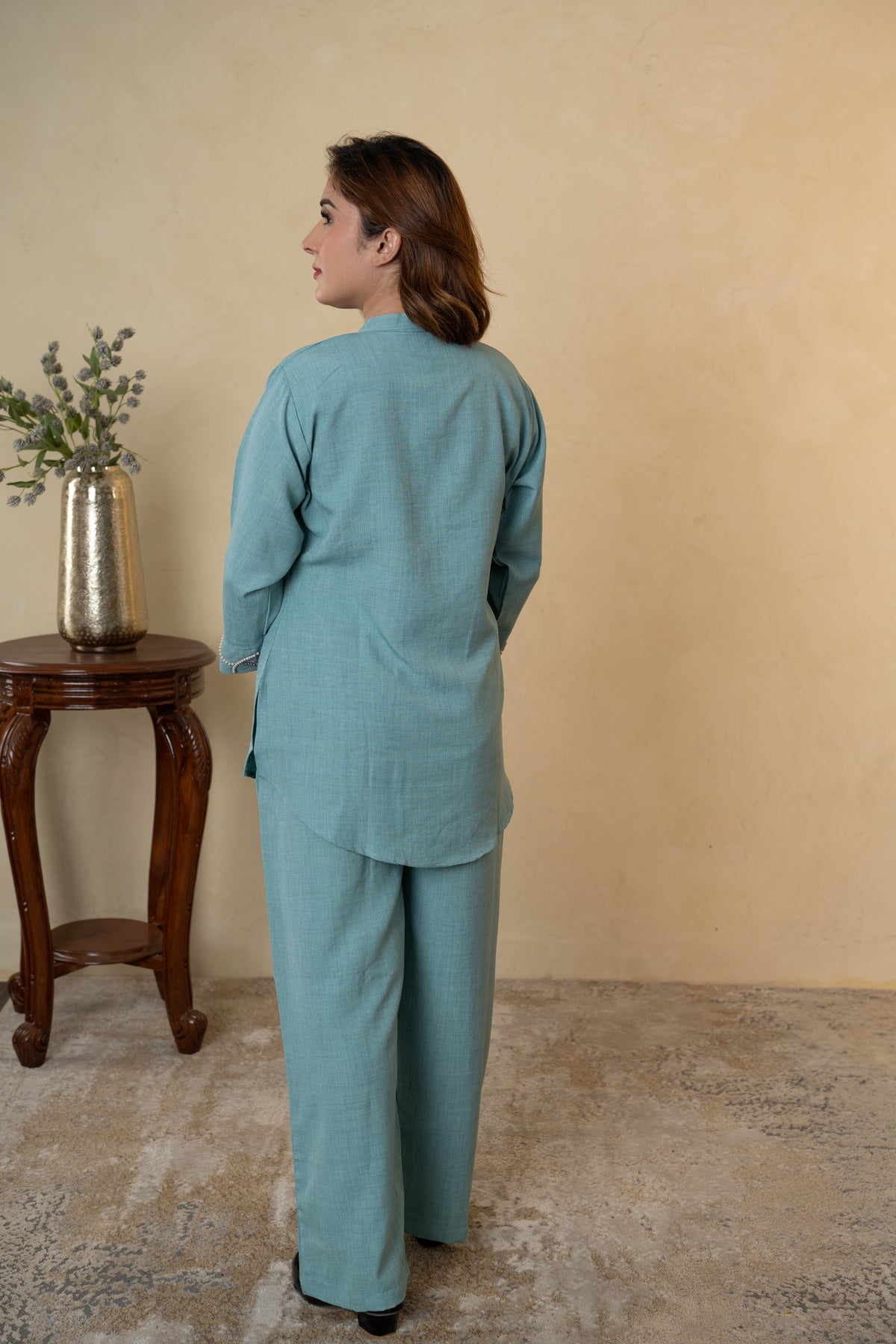 Aqua Blue Rayon Cotton Bead Work Co-ord Set