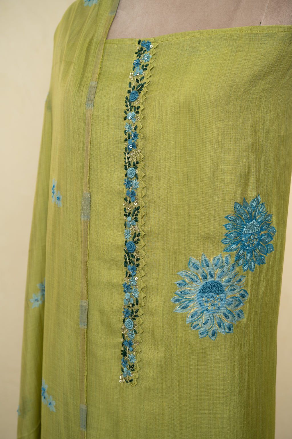 Olive Green Thread Work Unstitched Suit