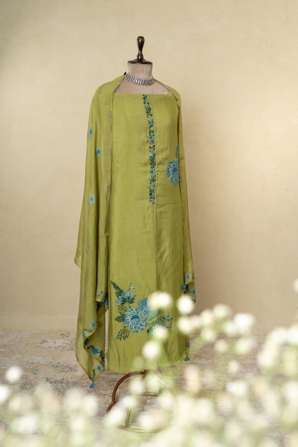 Olive Green Thread Work Unstitched Suit