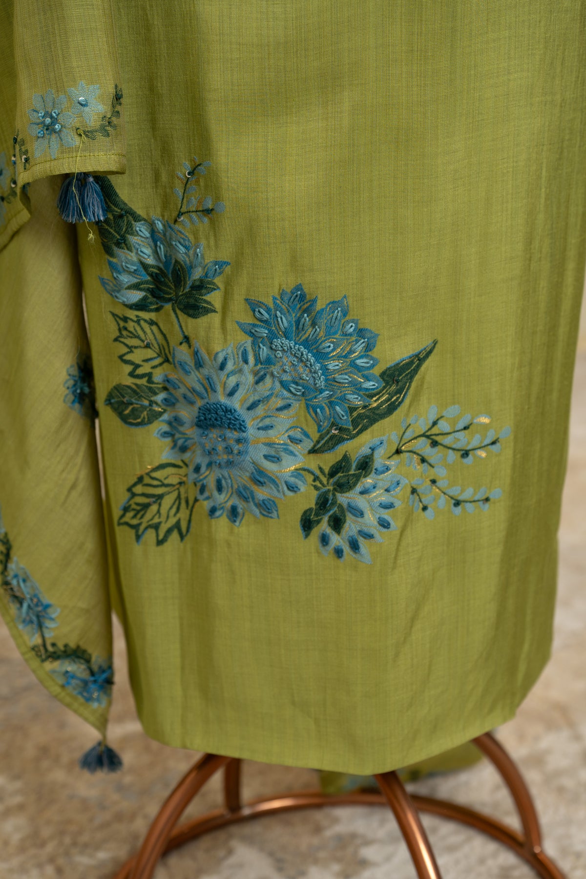 Olive Green Thread Work Unstitched Suit