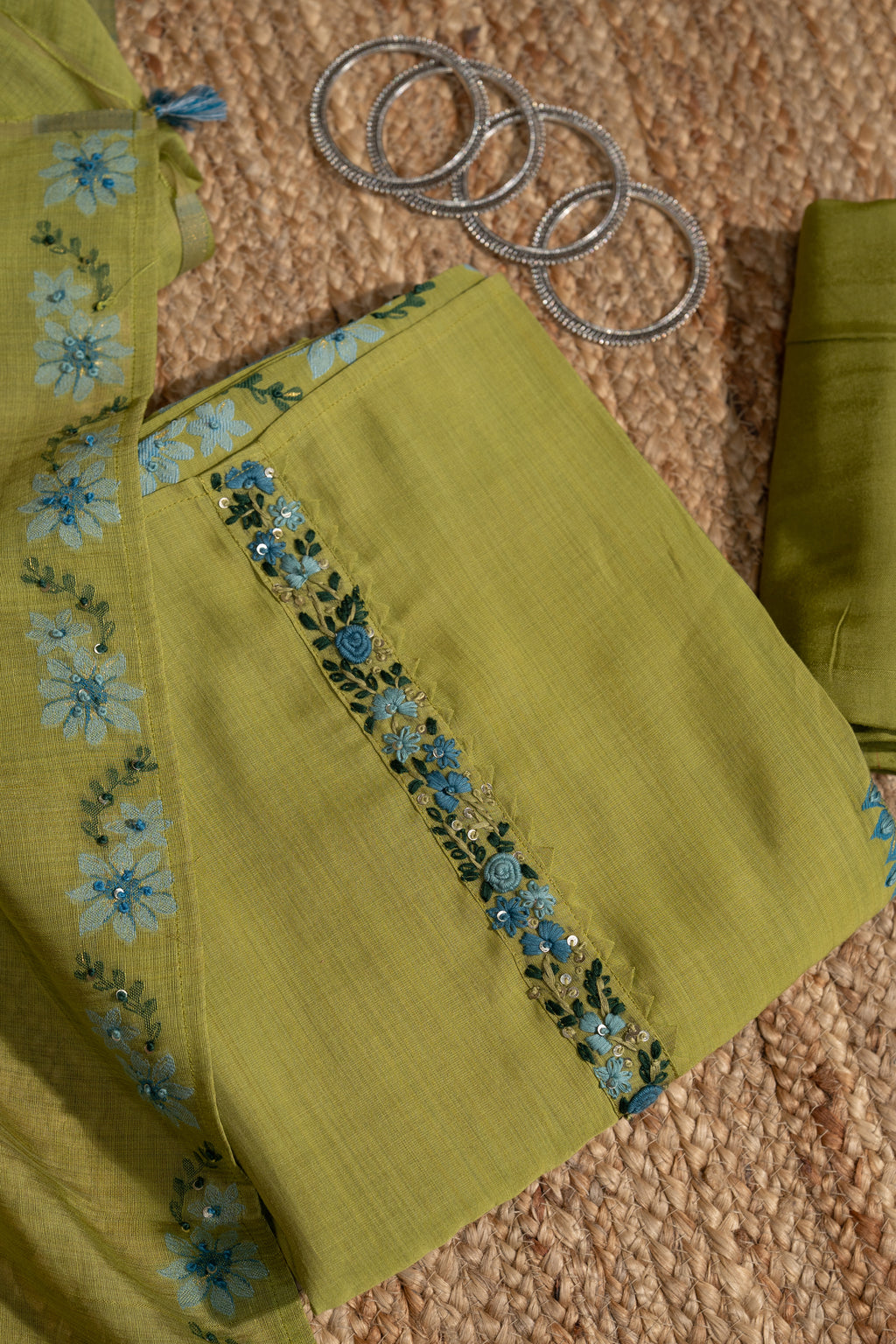 Olive Green Thread Work Unstitched Suit