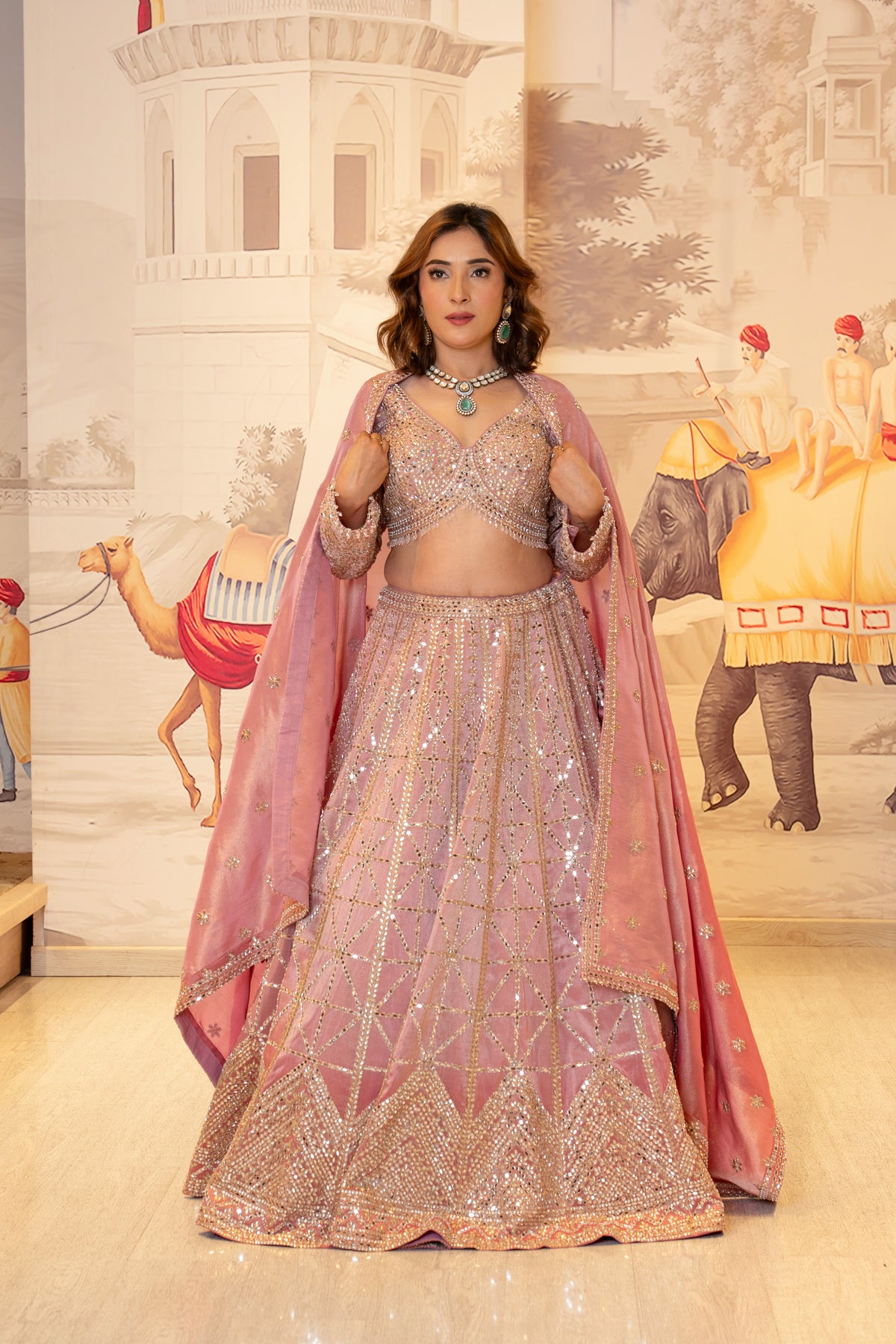 Blush Pink Tissue Mirror Work Lehenga Set with Dupatta