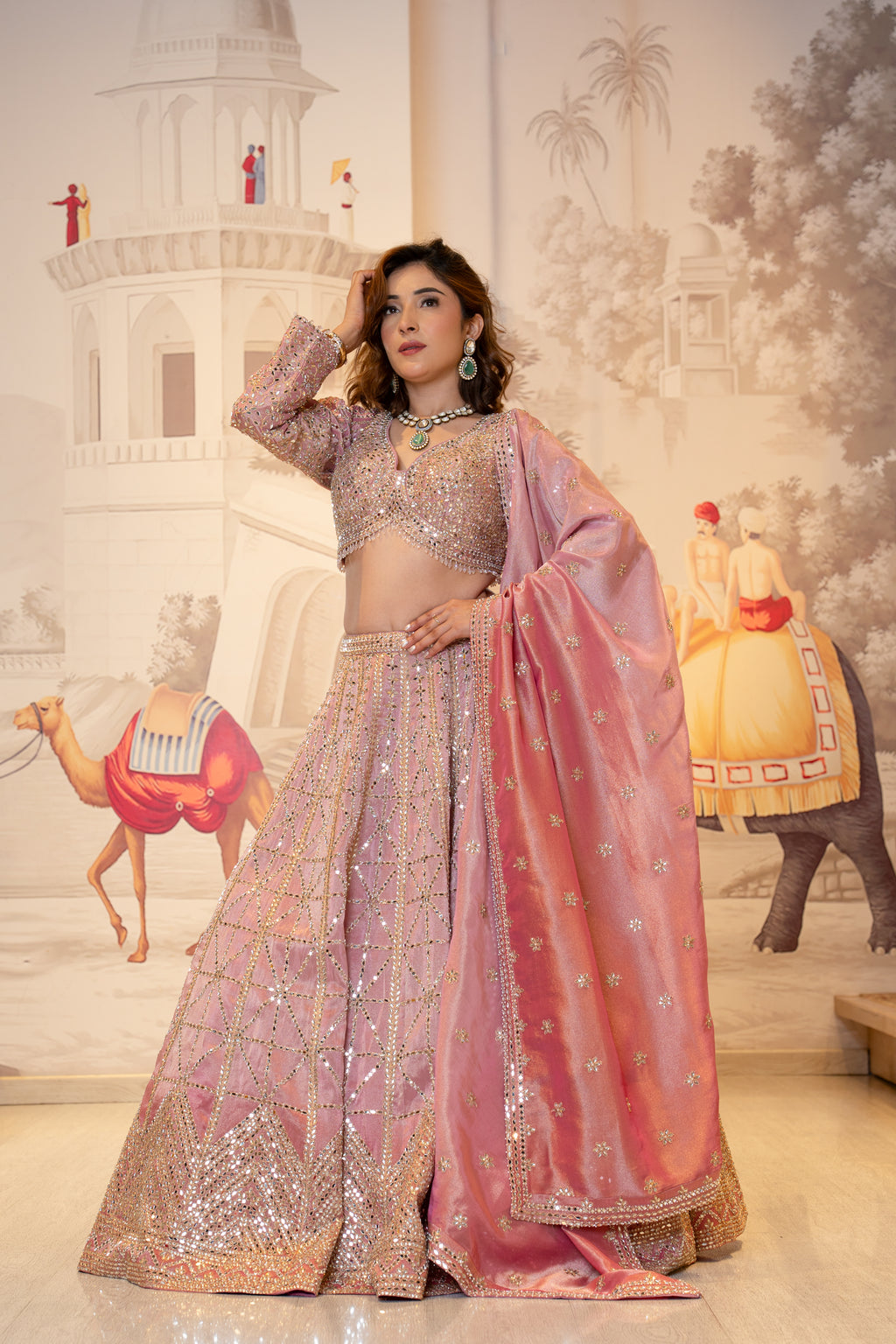 Blush Pink Tissue Mirror Work Lehenga Set with Dupatta