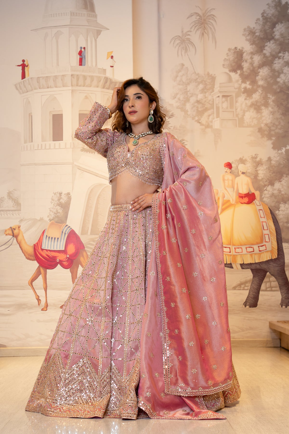 Blush Pink Tissue Mirror Work Lehenga Set with Dupatta