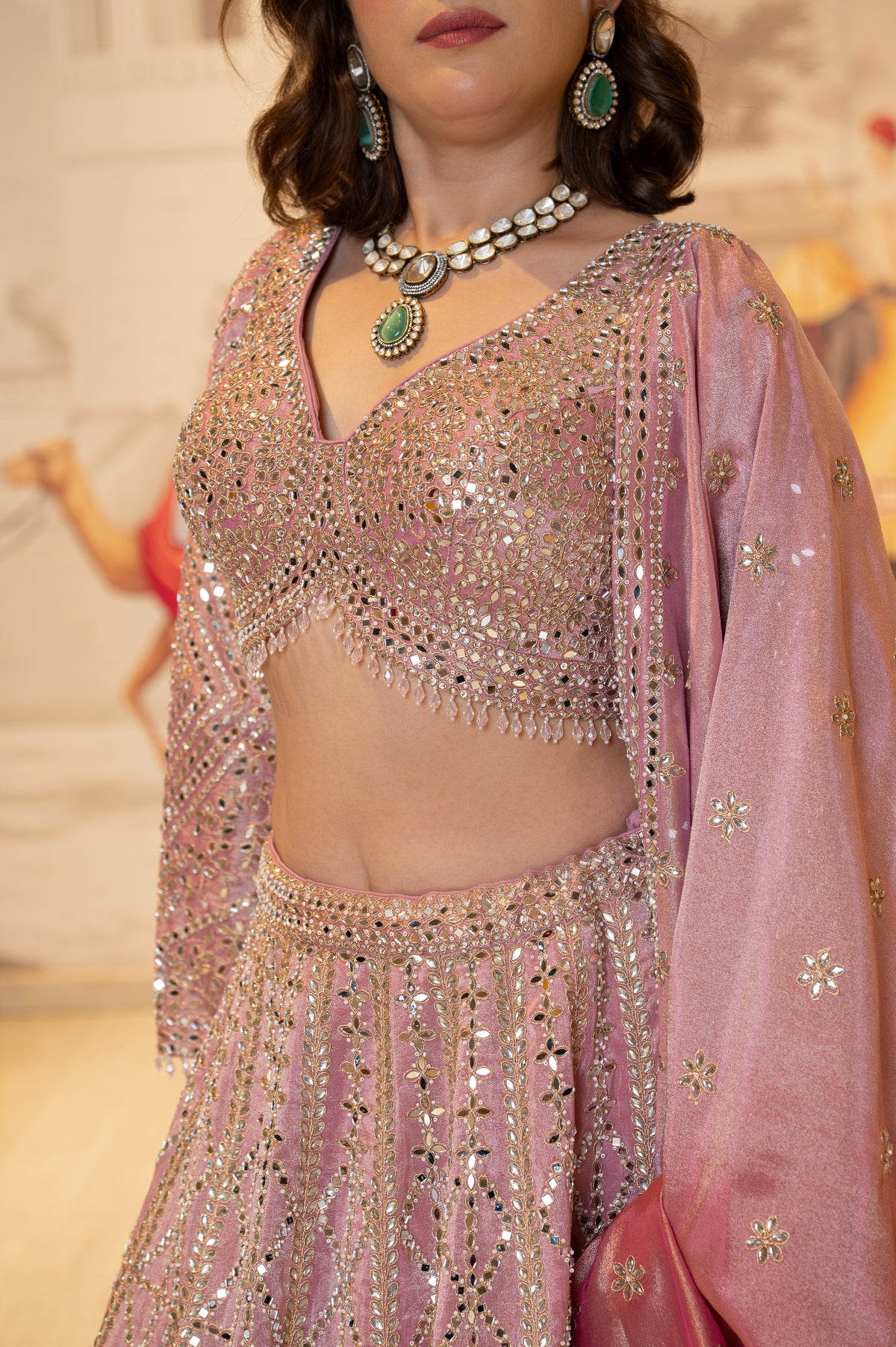 Blush Pink Tissue Mirror Work Lehenga Set with Dupatta