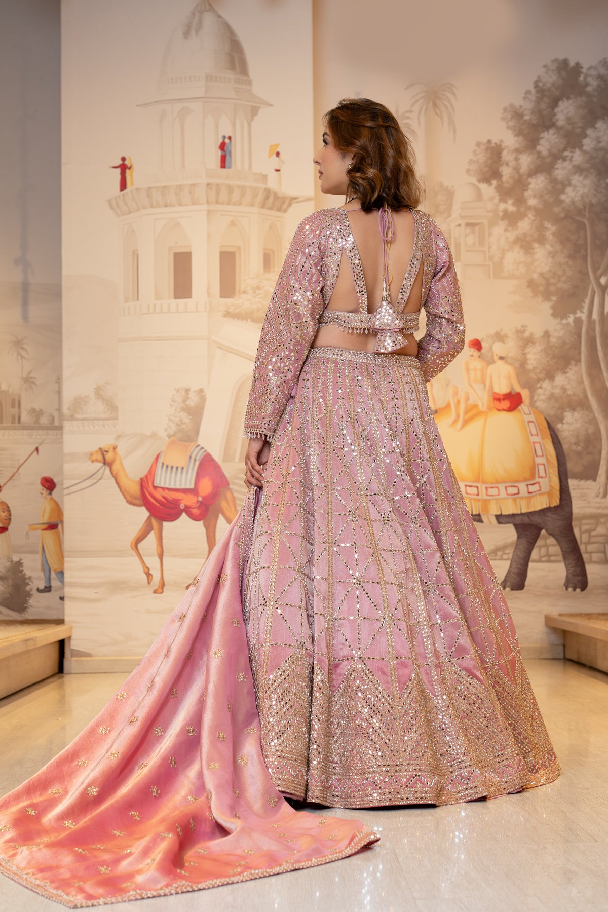 Blush Pink Tissue Mirror Work Lehenga Set with Dupatta