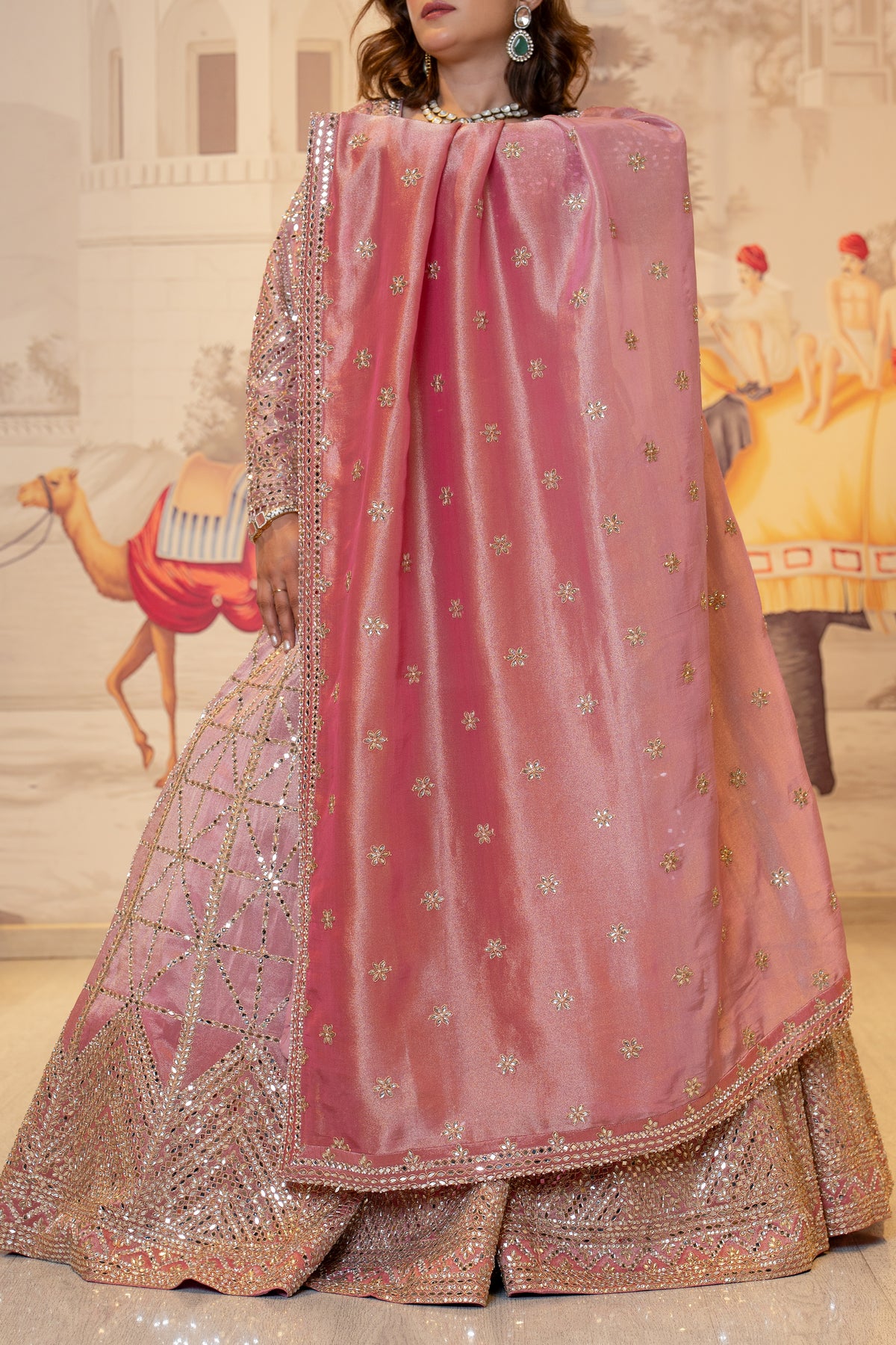 Blush Pink Tissue Mirror Work Lehenga Set with Dupatta