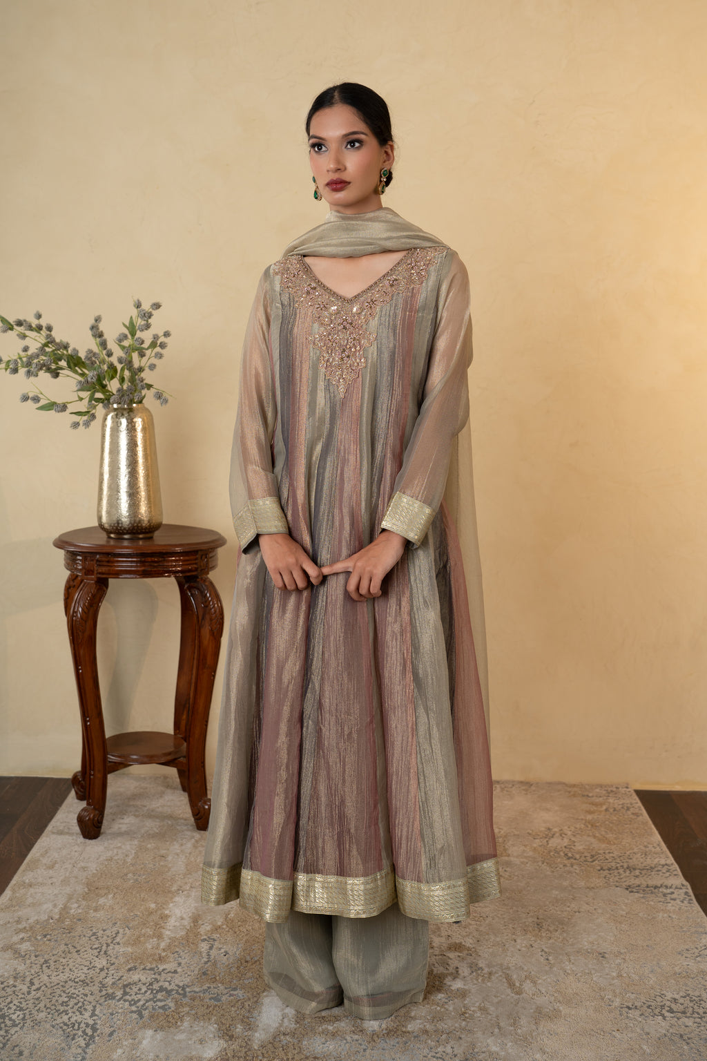 Multicolor Tissue Handwork Anarkali Sharara with Dupatta