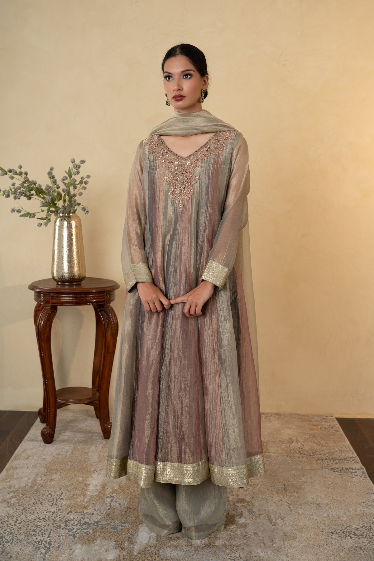 Multicolor Tissue Handwork Anarkali Sharara with Dupatta