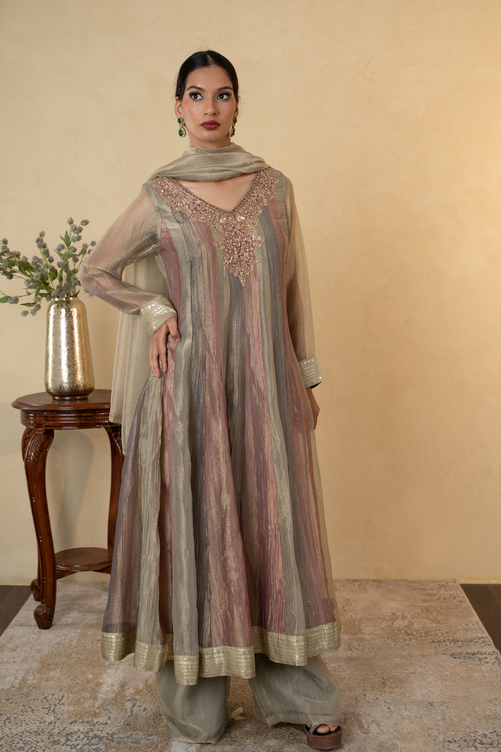 Multicolor Tissue Handwork Anarkali Sharara with Dupatta