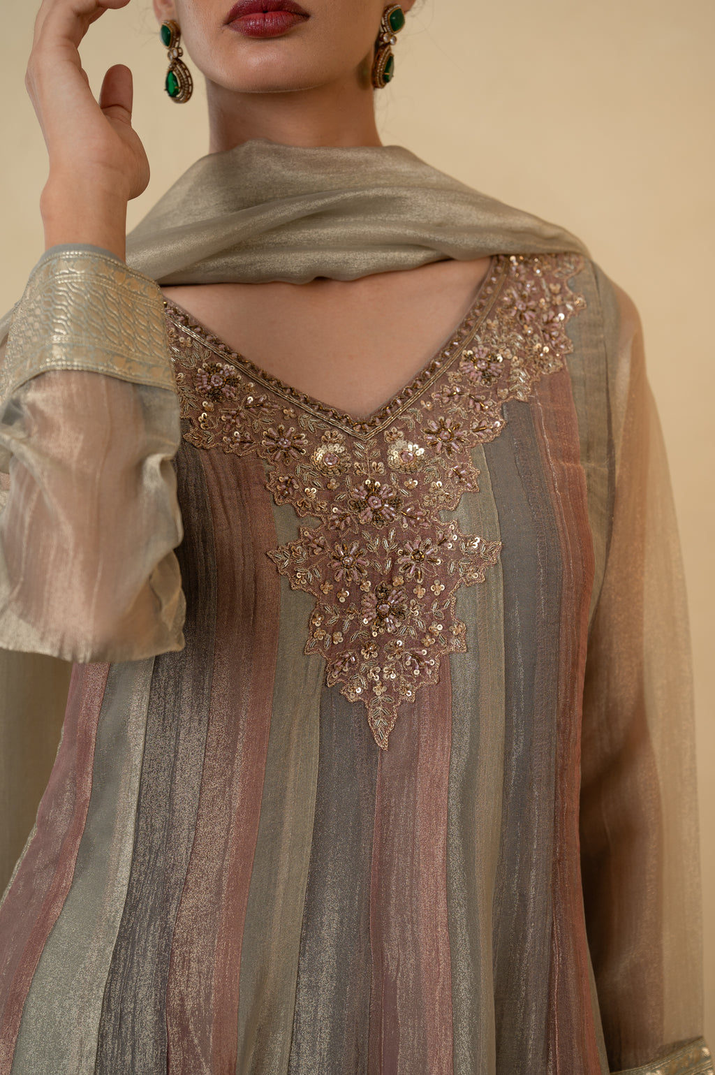 Multicolor Tissue Handwork Anarkali Sharara with Dupatta