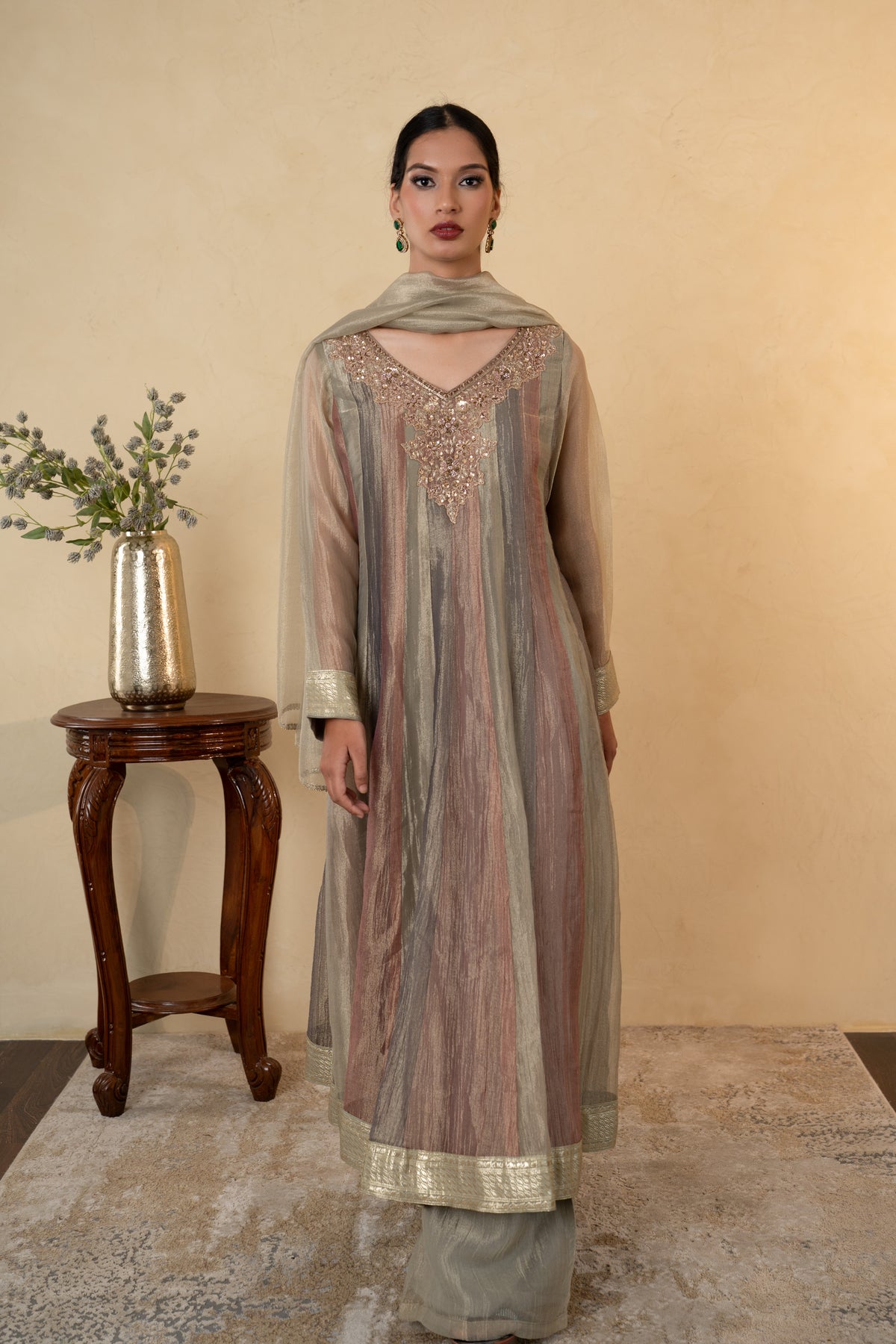 Multicolor Tissue Handwork Anarkali Sharara with Dupatta