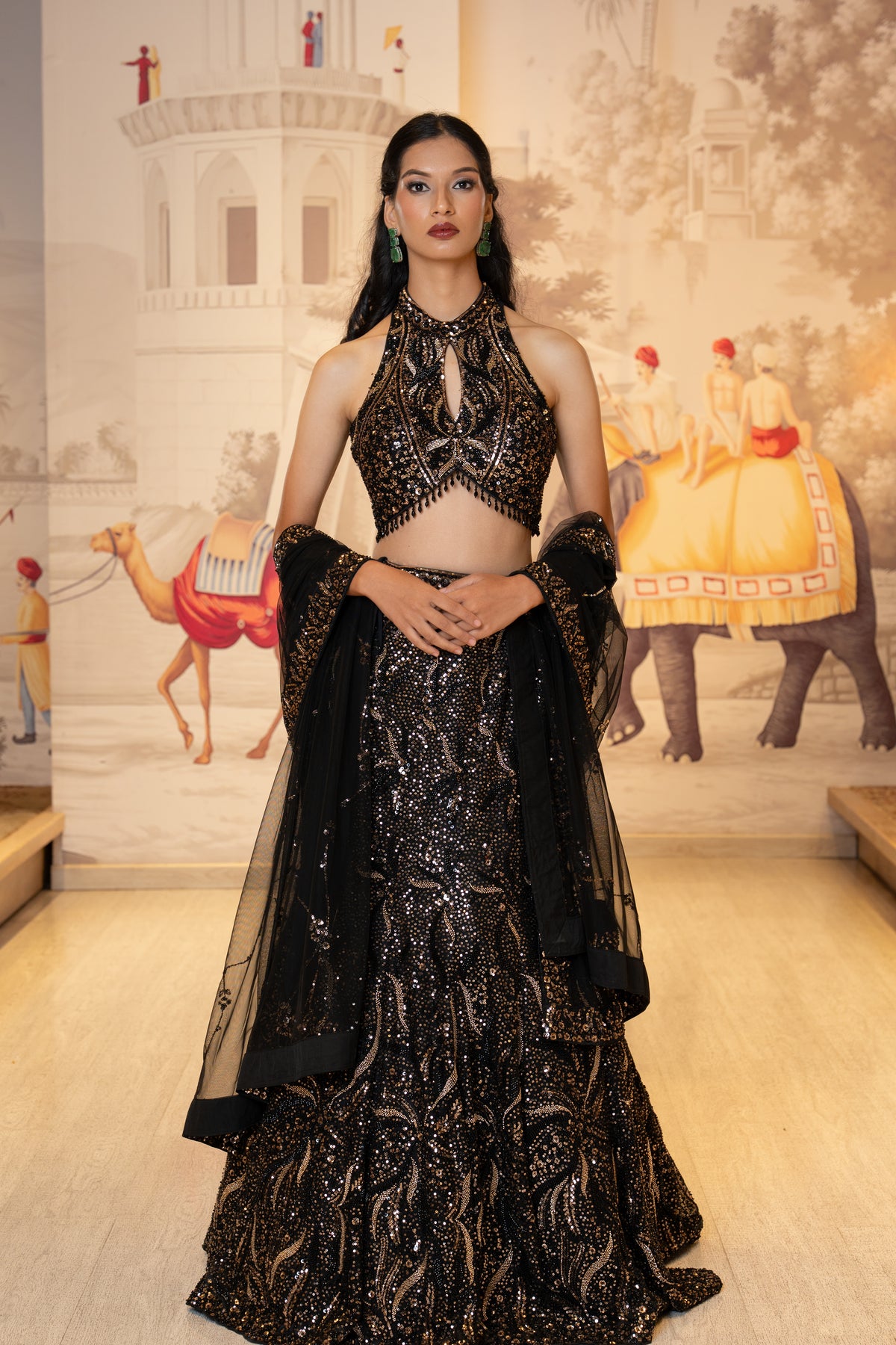 Black Net Sequin Embroidered Lehenga Set with Dupatta